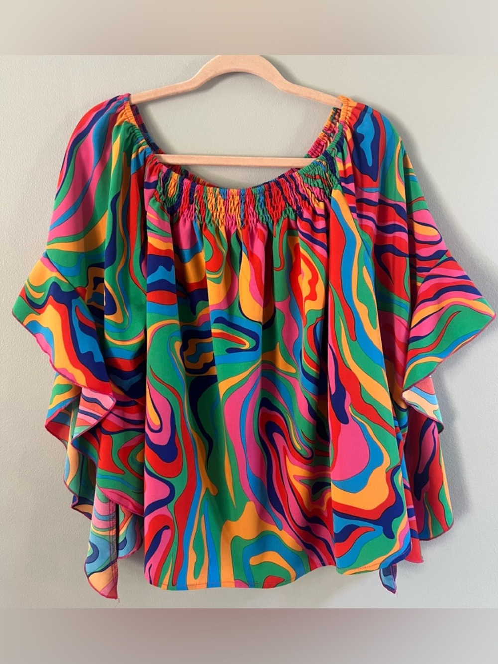 NWOT-SHEIN Bright Multi-Color Swirl Off-Shoulder Blouse with Trumpet Sleeves